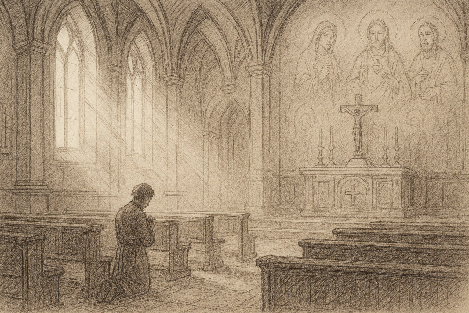 A reverent sketch of a Catholic believer in prayer with a quiet sense of the communion of saints