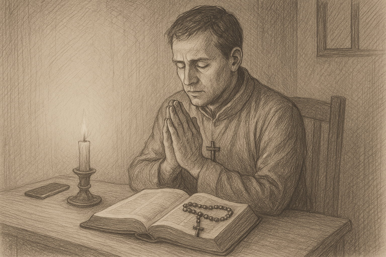A Catholic praying beside a phone, Bible, and rosary in a quiet room