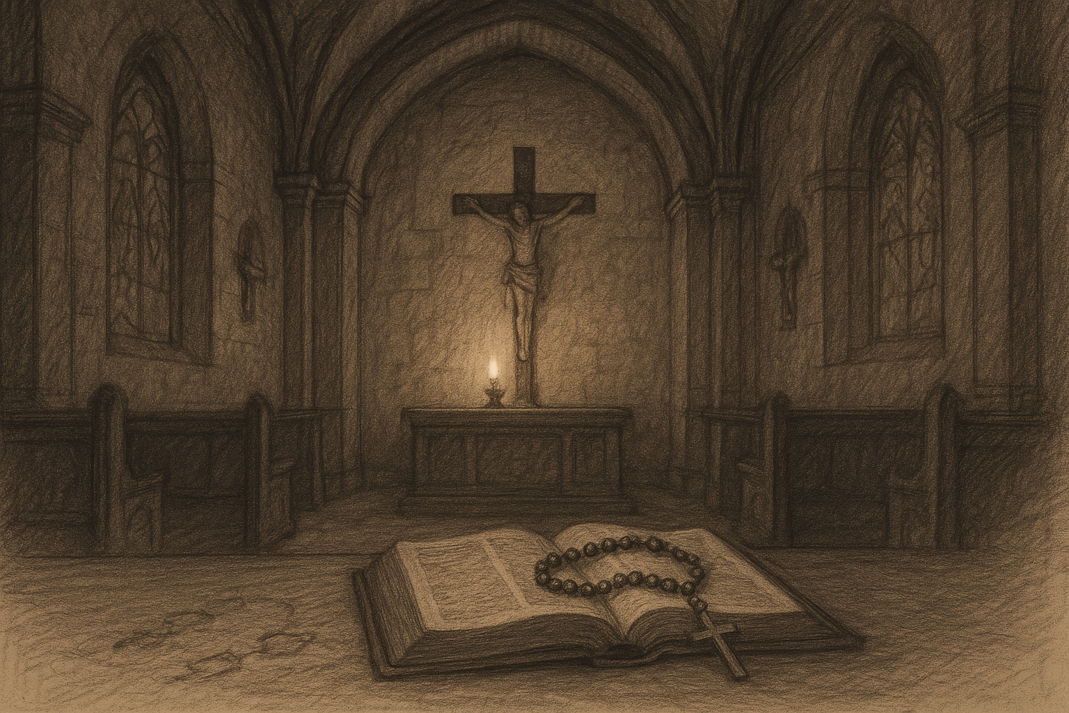 A candlelit crucifix, open Bible, and rosary in a reverent chapel setting