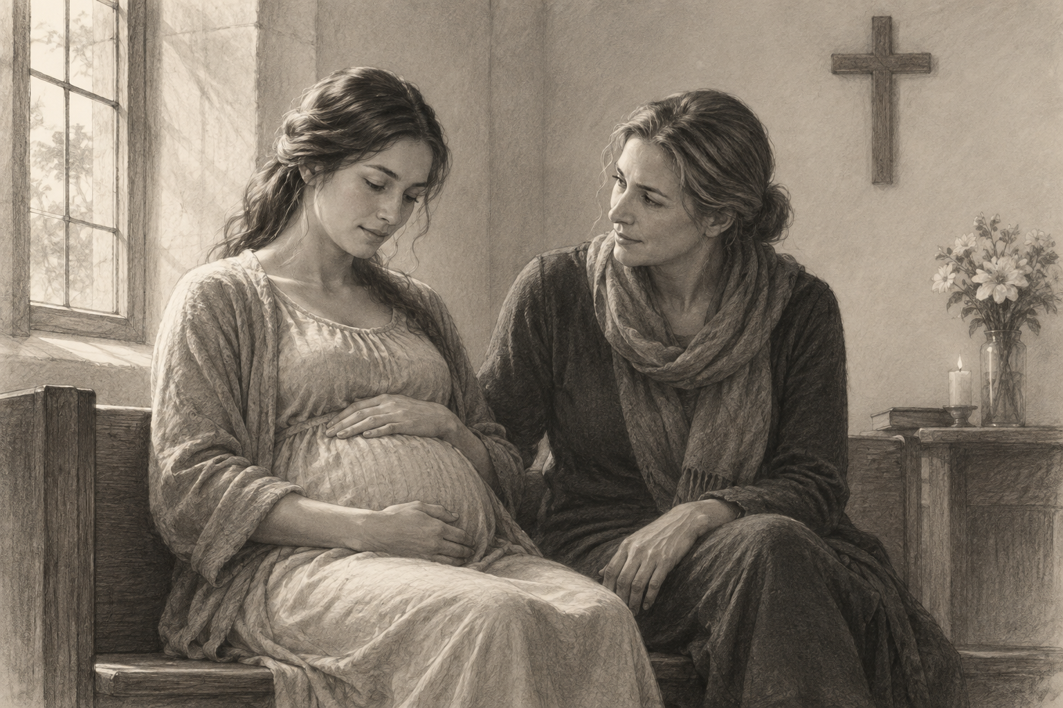 Graphite sketch of an expectant mother with a supportive companion beside a chapel window and a simple cross.