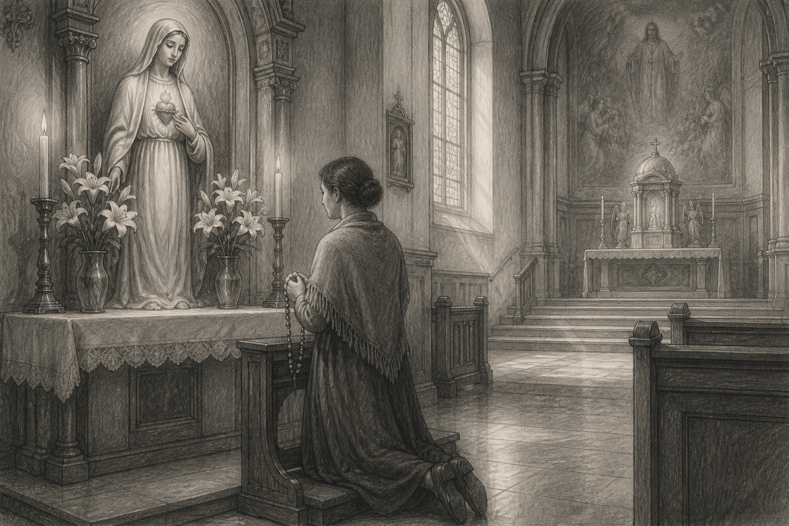 A Catholic praying the Rosary before an image of the Immaculate Heart of Mary on a quiet first Saturday.