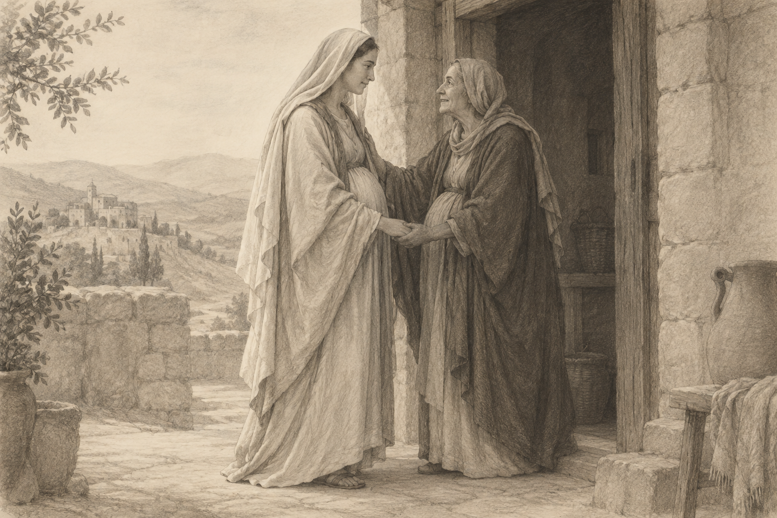 Reverent graphite sketch of Mary and Elizabeth greeting each other at the Visitation.