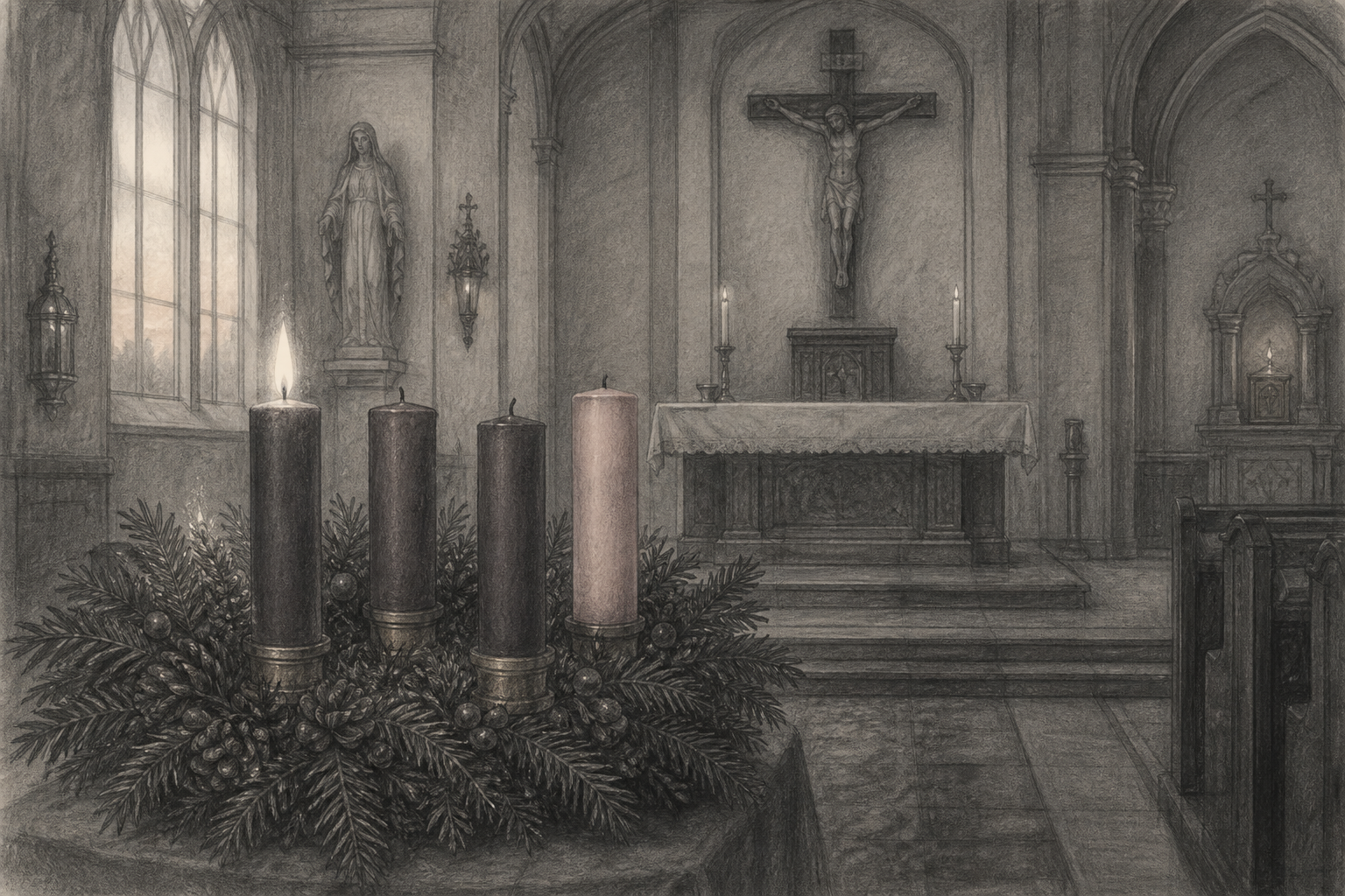 Sketch of an Advent wreath glowing quietly before a Catholic church altar