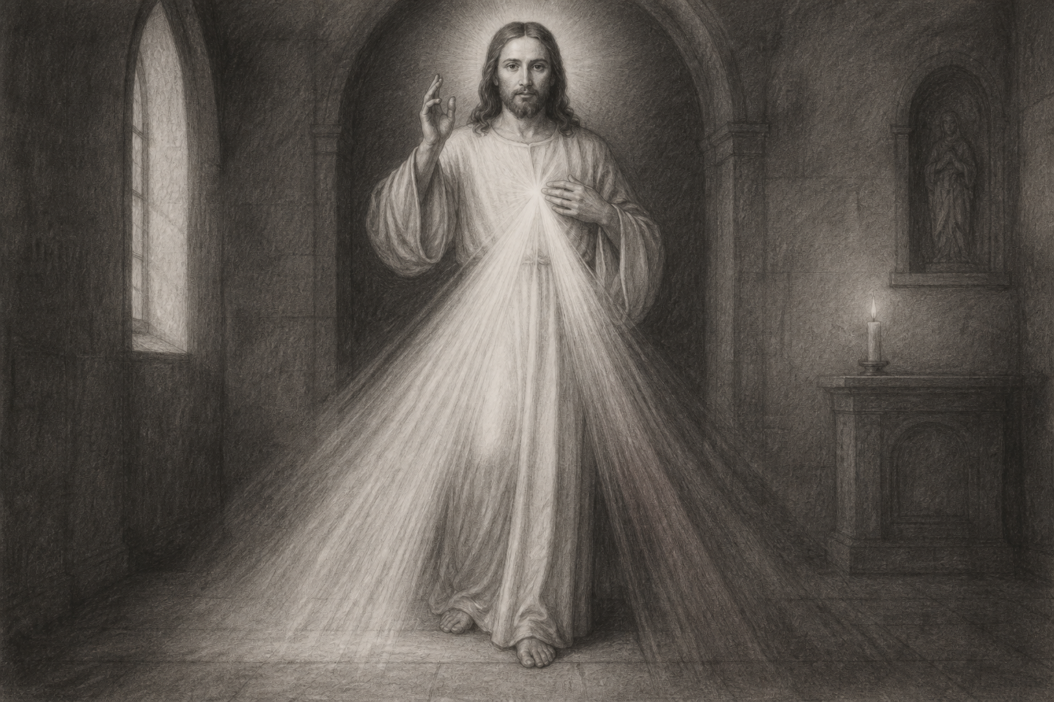 Reverent sketch of the risen Christ in the Divine Mercy image with one hand raised in blessing.
