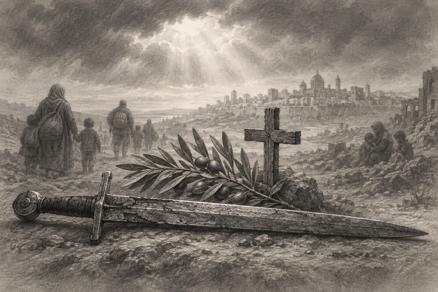 A solemn pencil sketch of a sword resting before an olive branch and a cross, symbolizing Catholic moral restraint and the pursuit of peace.