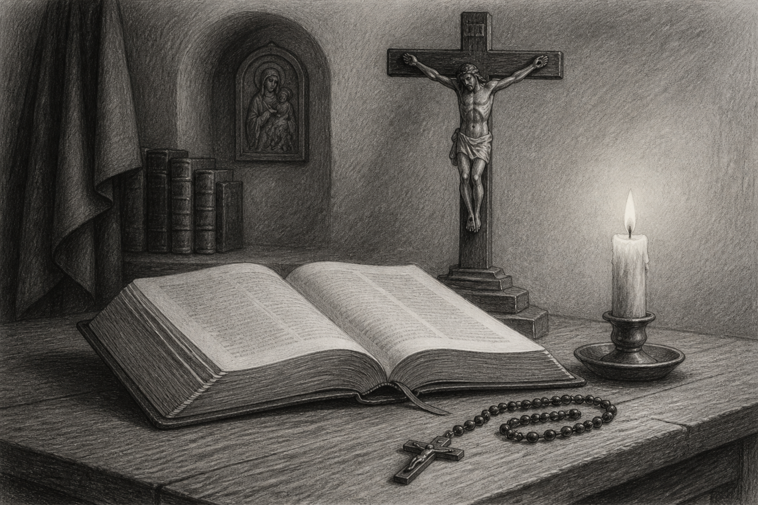 Sketch of an open Bible beside a crucifix, candle, and rosary in a quiet place of prayer.