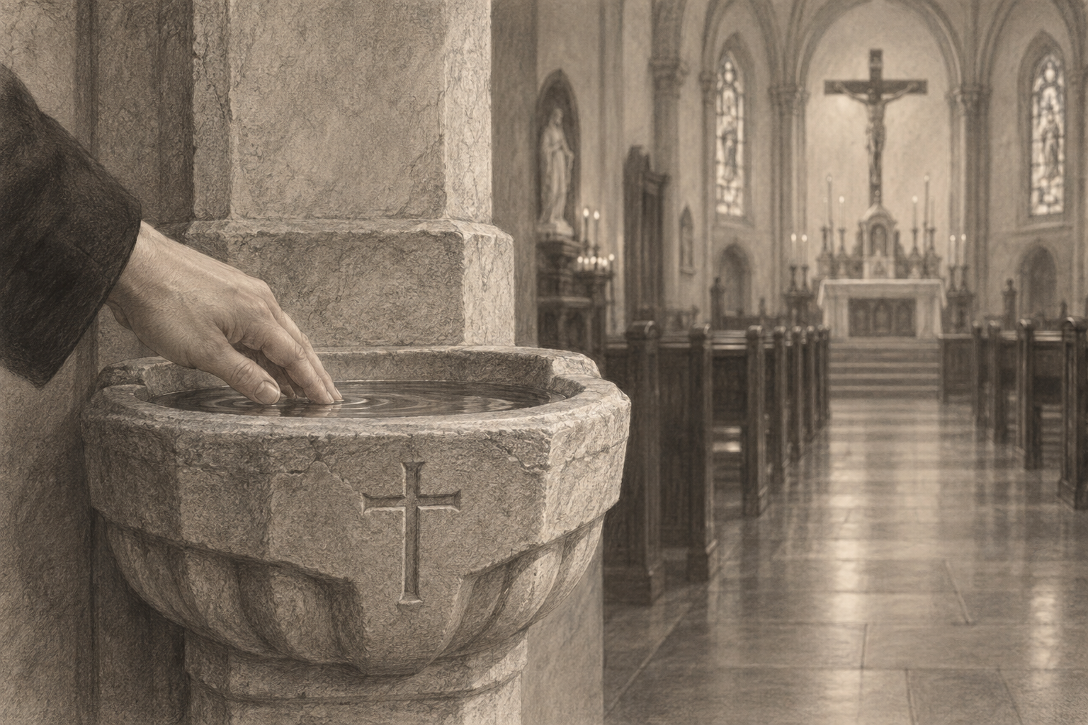 Graphite sketch of a hand touching holy water in a stone church font, with an altar and crucifix in the distance.