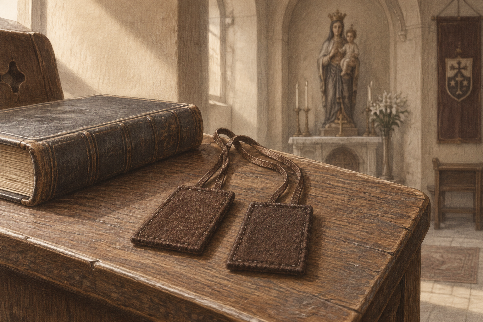 Sketch of a brown wool scapular beside a closed Bible, with a statue of Mary and the Christ Child softly visible behind it.