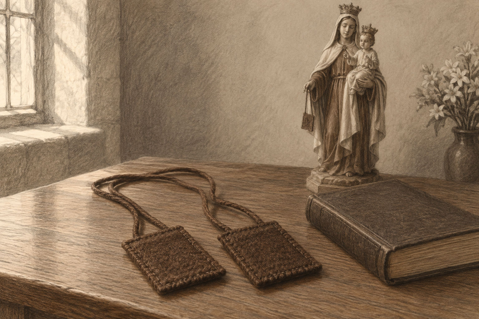 Sketch of a brown wool scapular beside a prayer book, with a statue of Our Lady of Mount Carmel in the background.