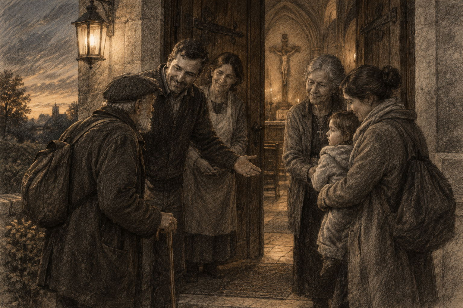 A reverent sketch of Catholics welcoming vulnerable neighbors at a parish doorway.