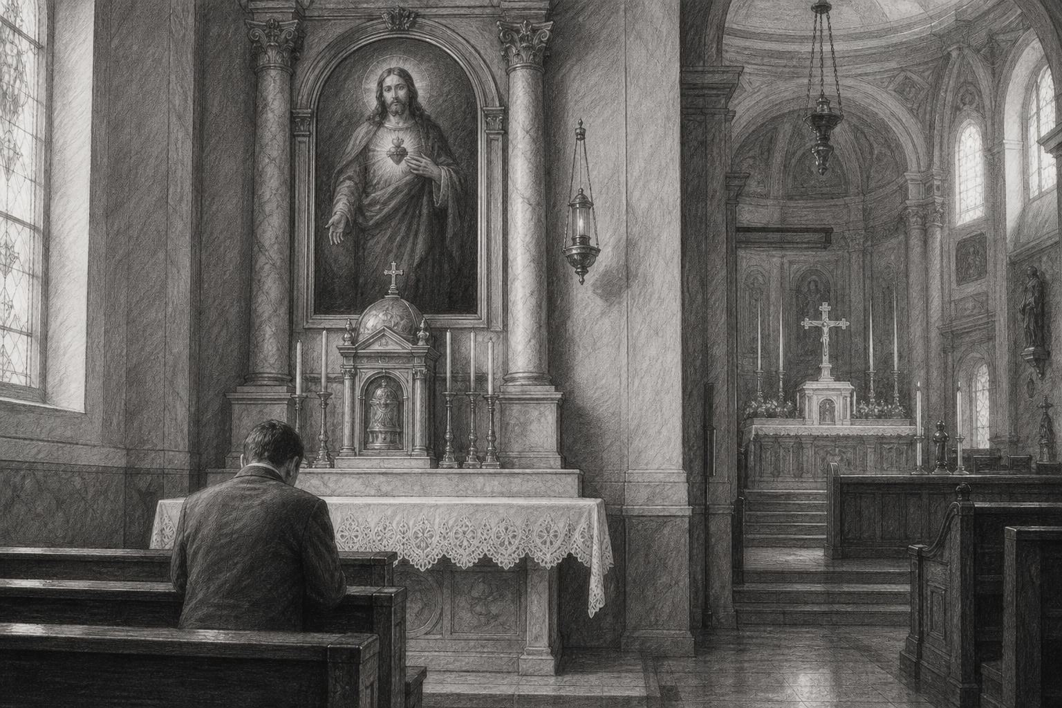 A Catholic worshiper praying near an image of the Sacred Heart of Jesus on First Friday