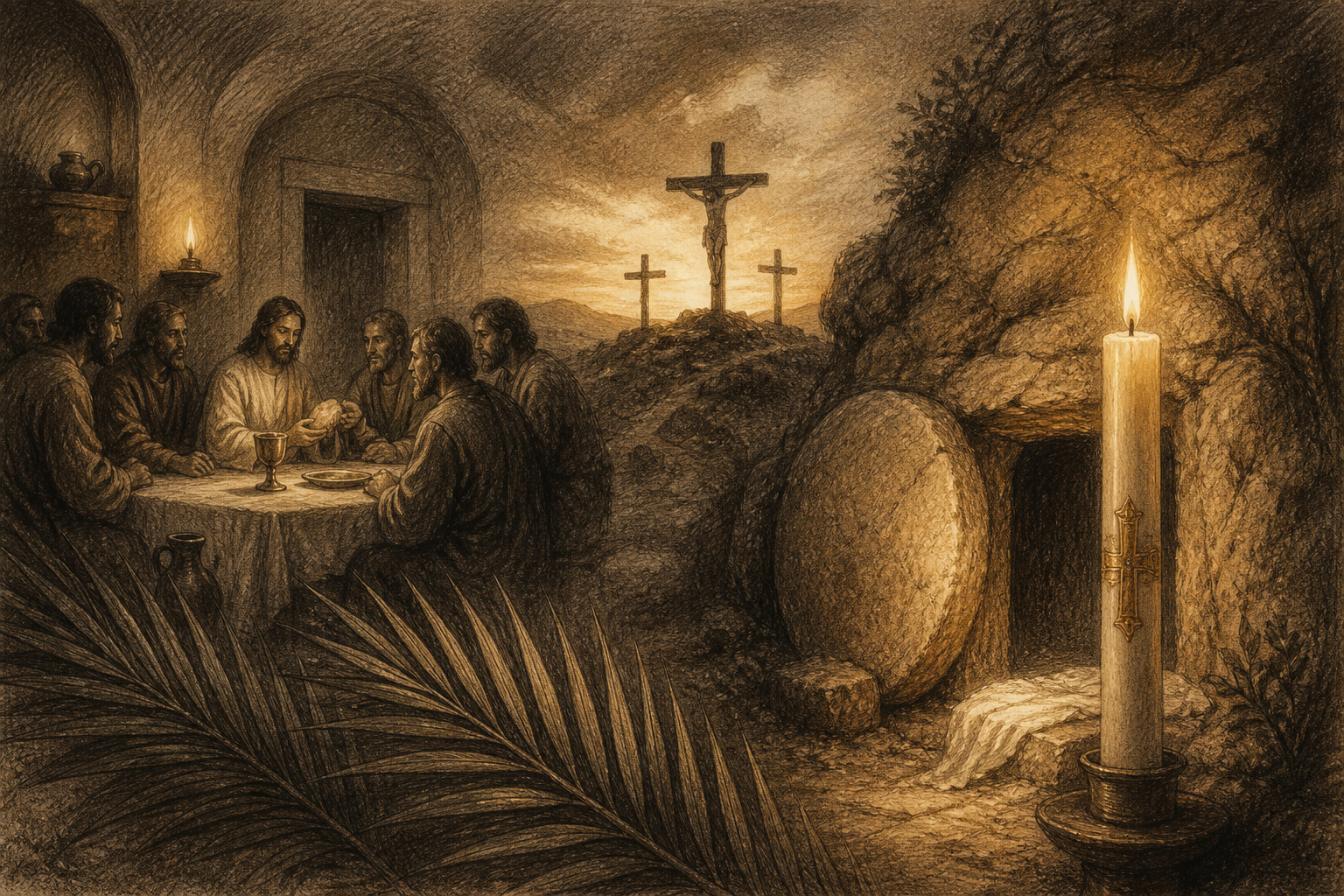 Sacred sketch of palms, the Upper Room, Calvary, the Paschal candle, and the empty tomb representing Holy Week.