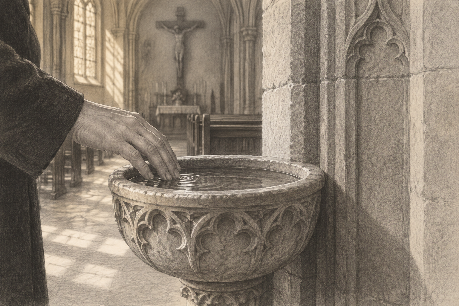 Graphite-style sketch of a hand touching holy water in a stone font at a Catholic church entrance.
