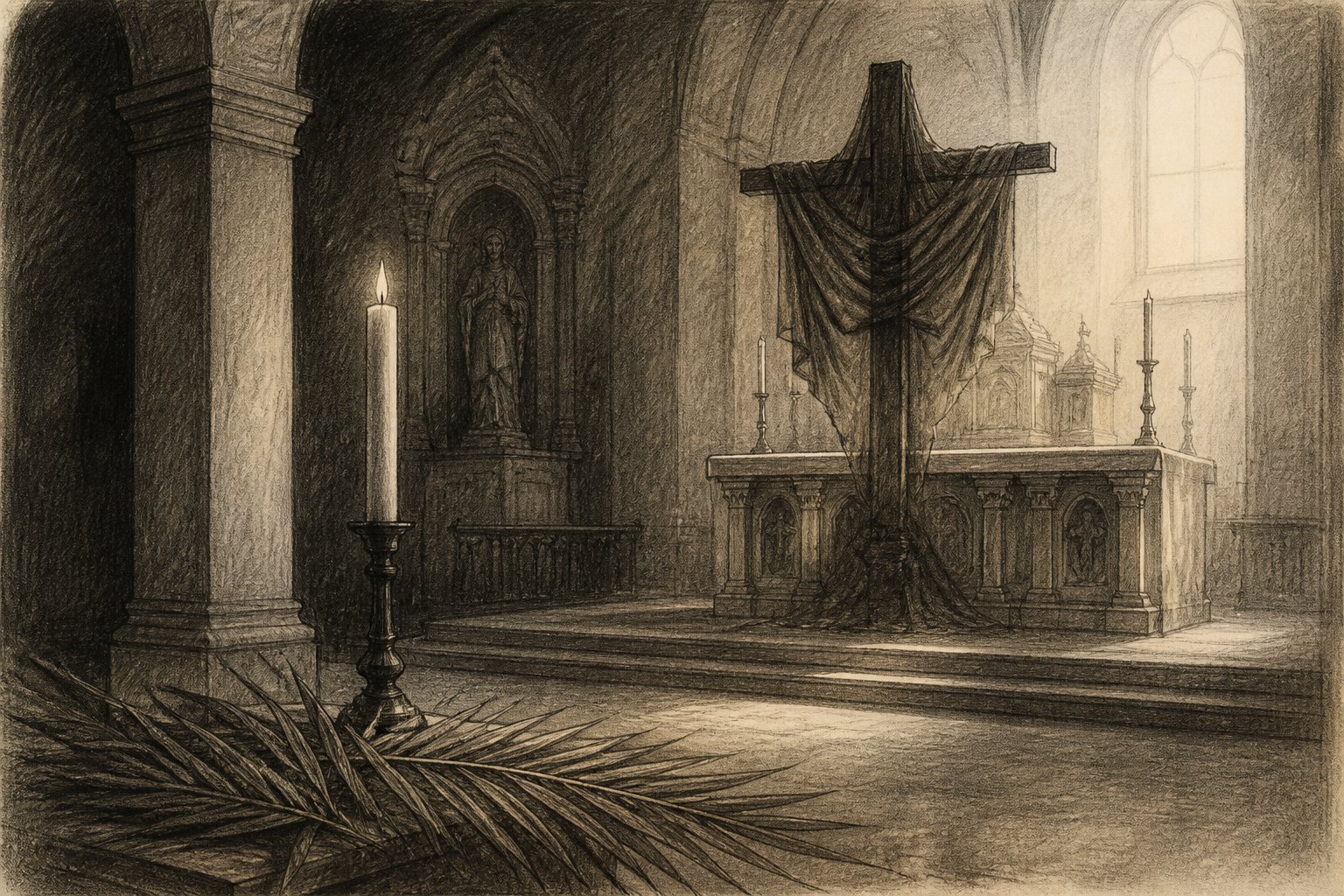 Sketch of a Catholic sanctuary with palm branches, a veiled cross, and the light of the paschal candle during Holy Week