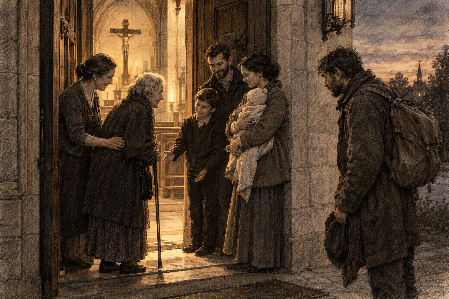 Parishioners welcoming vulnerable neighbors through an open church doorway.