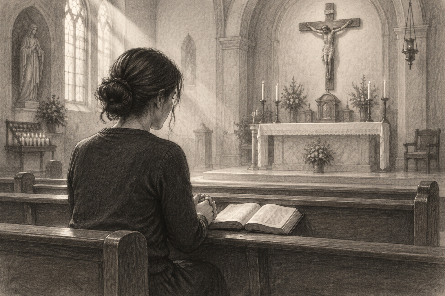 Graphite sketch of a Catholic praying with an open Bible in a church pew, with an altar and crucifix beyond.