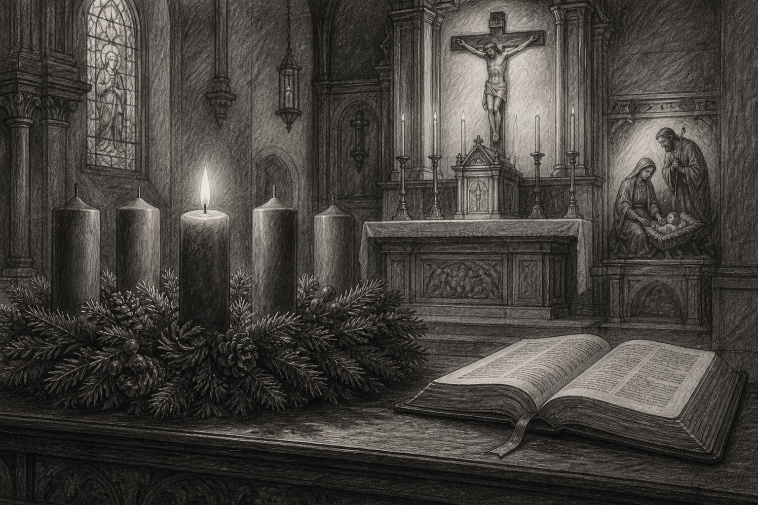 Sketch of an Advent wreath glowing before a quiet Catholic altar and crucifix.