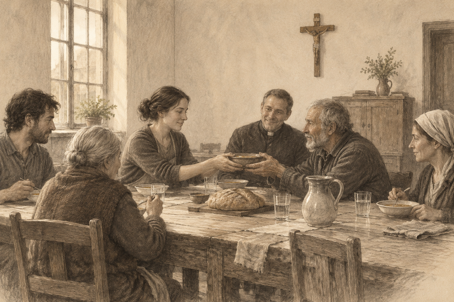 Graphite-style sketch of neighbors sharing a simple meal in a Catholic parish room beneath a small crucifix.