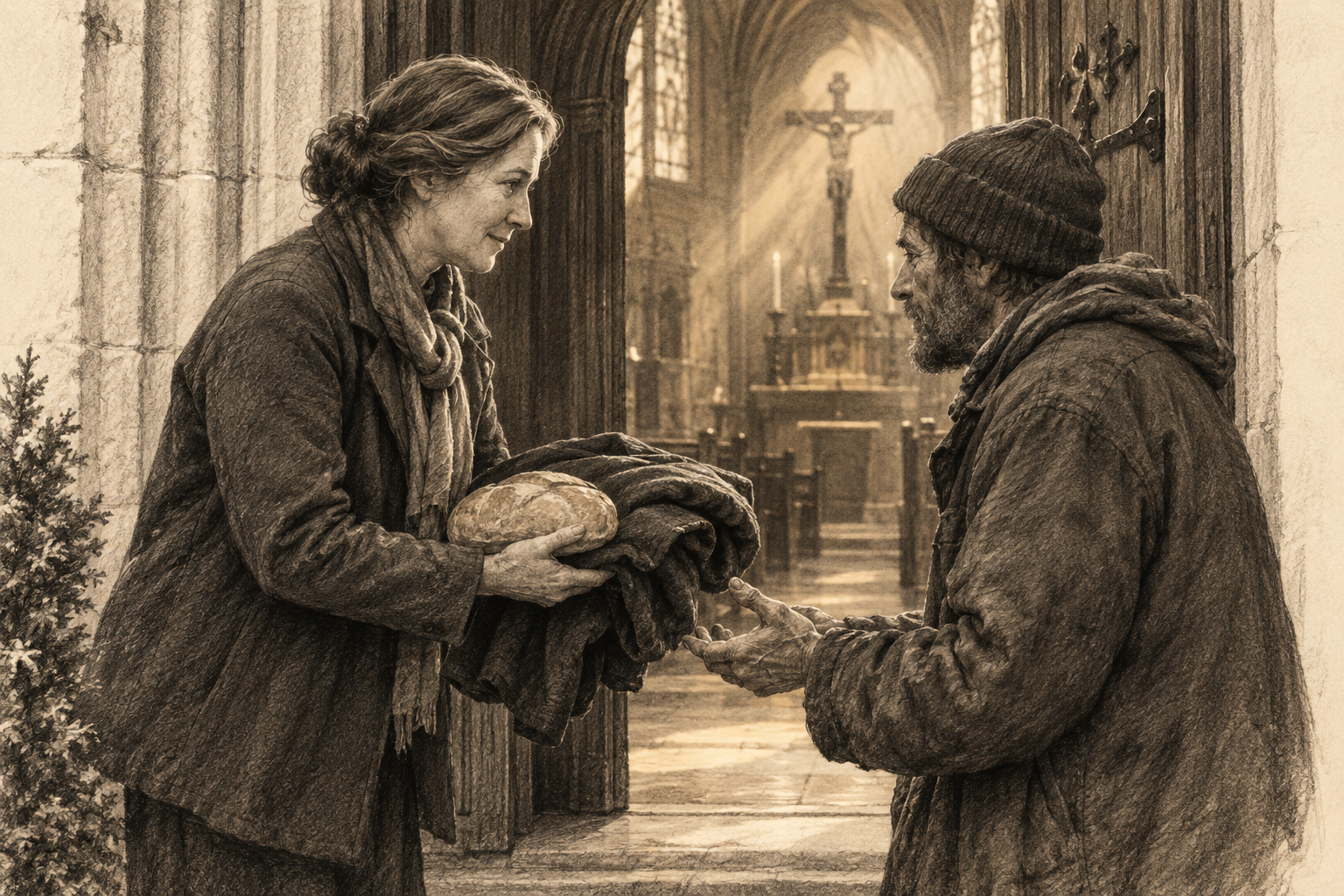 A reverent sketch of a parish volunteer offering bread and clothing to a person in need.