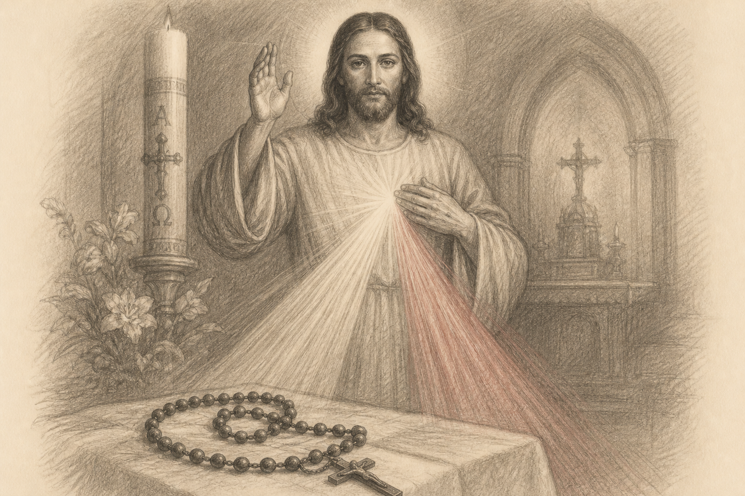 Reverent sketch of the risen Jesus in the Divine Mercy image with rays from his heart and a Rosary in the foreground