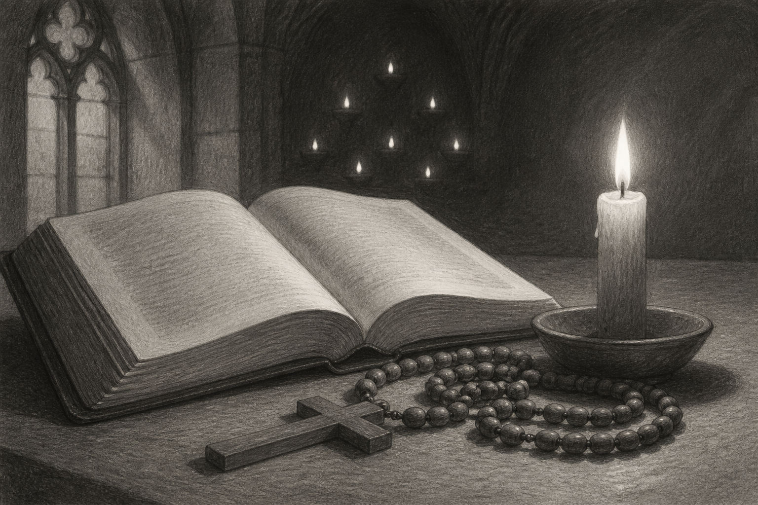 Sketch of an open prayer book, rosary, and candle representing nine days of Catholic novena prayer