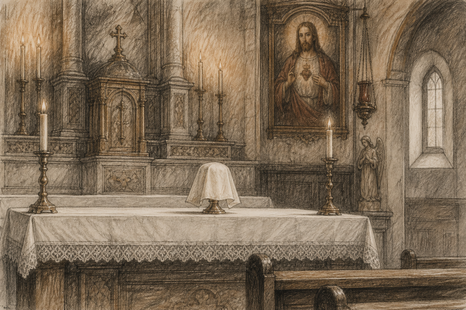 Sketch of a quiet Catholic altar prepared for First Friday Mass beneath an image of the Sacred Heart of Jesus.