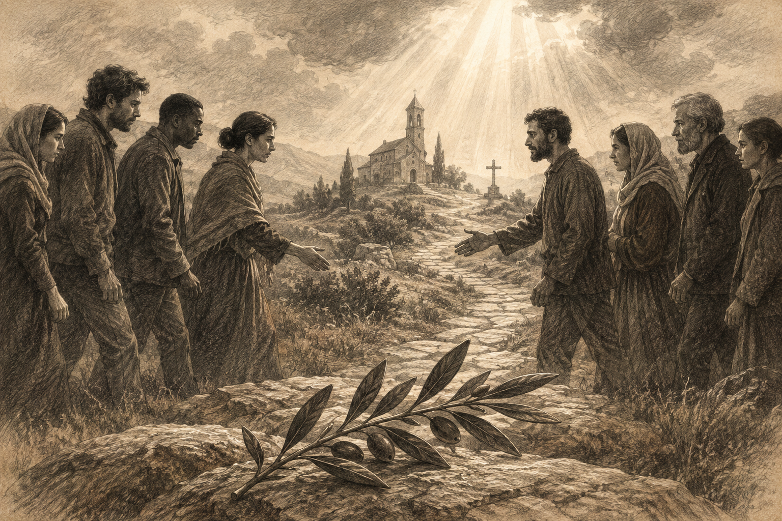 Reverent charcoal sketch of divided neighbors approaching one another beneath the light of a distant church cross.