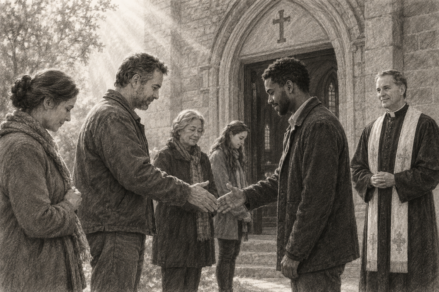 Sketch of Catholic neighbors offering reconciliation outside a church beneath a cross.
