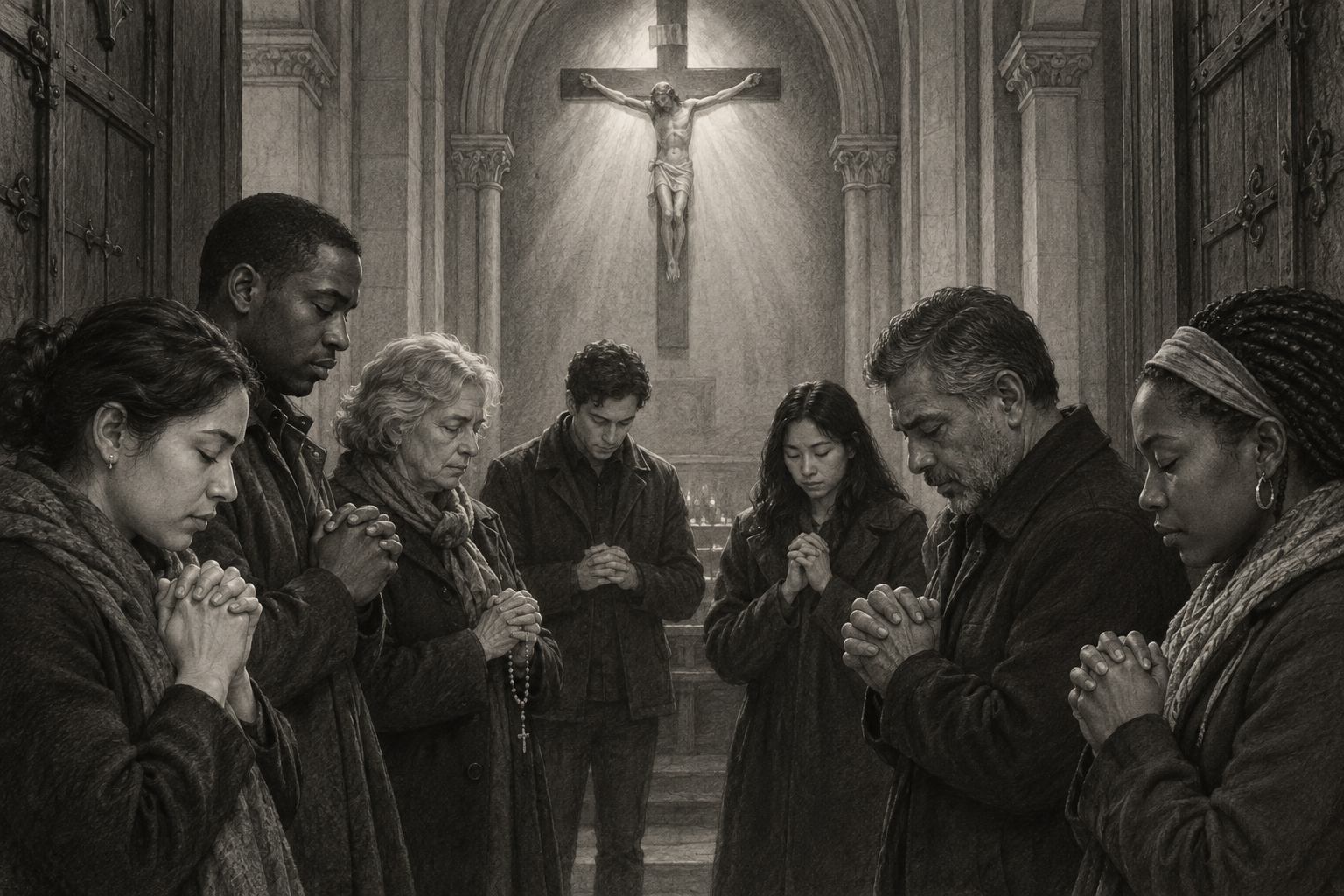 Diverse Catholics praying together beneath a crucifix in a reverent charcoal sketch