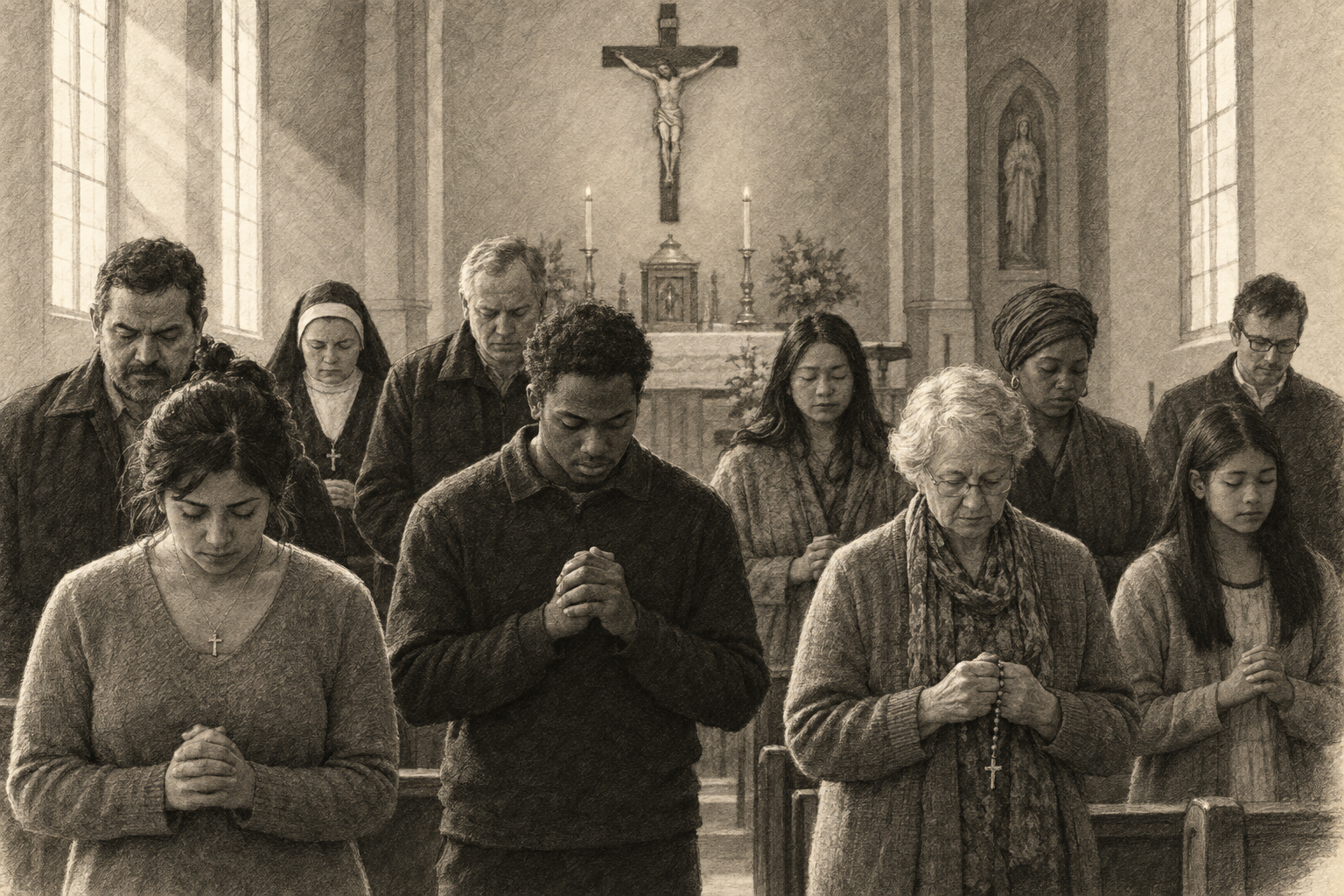 Sketch of Catholic parishioners of different racial backgrounds praying together beneath a crucifix.