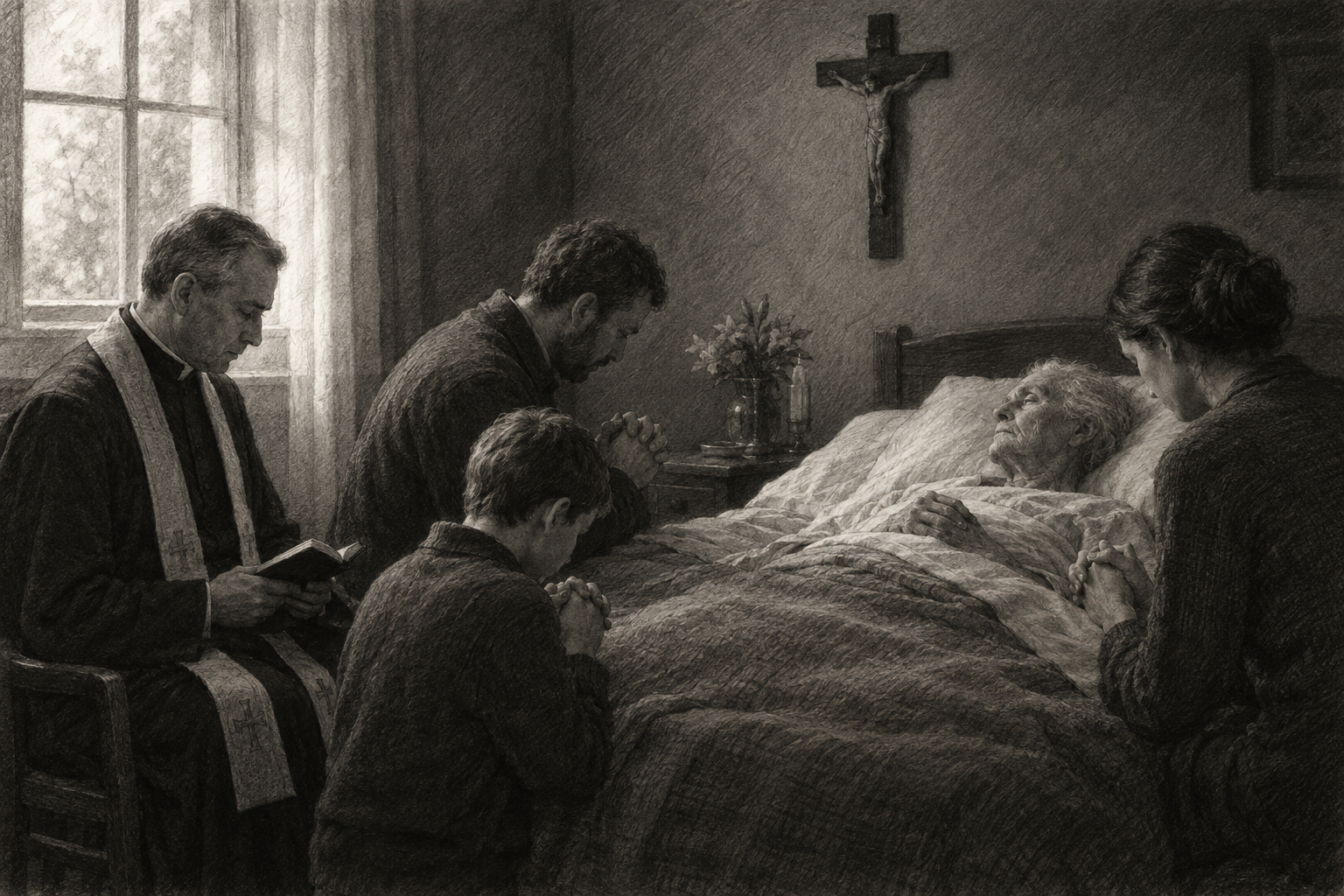 Catholic family and priest praying at the bedside of a dying loved one