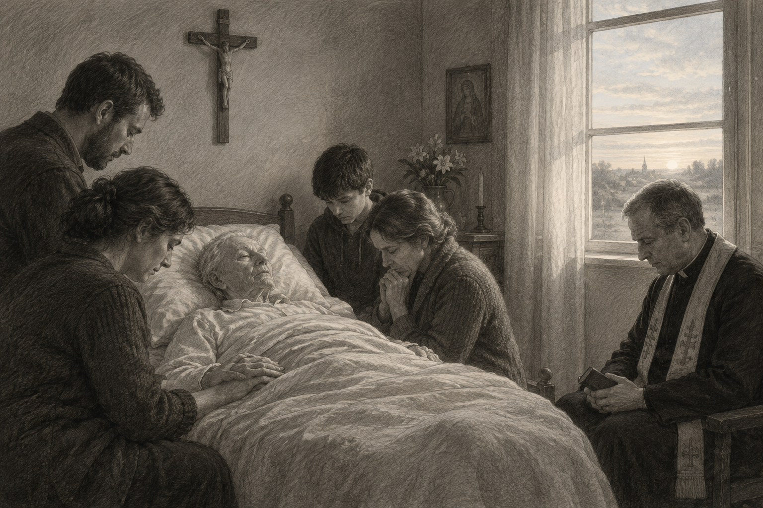 Catholic family keeping prayerful vigil beside a dying loved one beneath a crucifix
