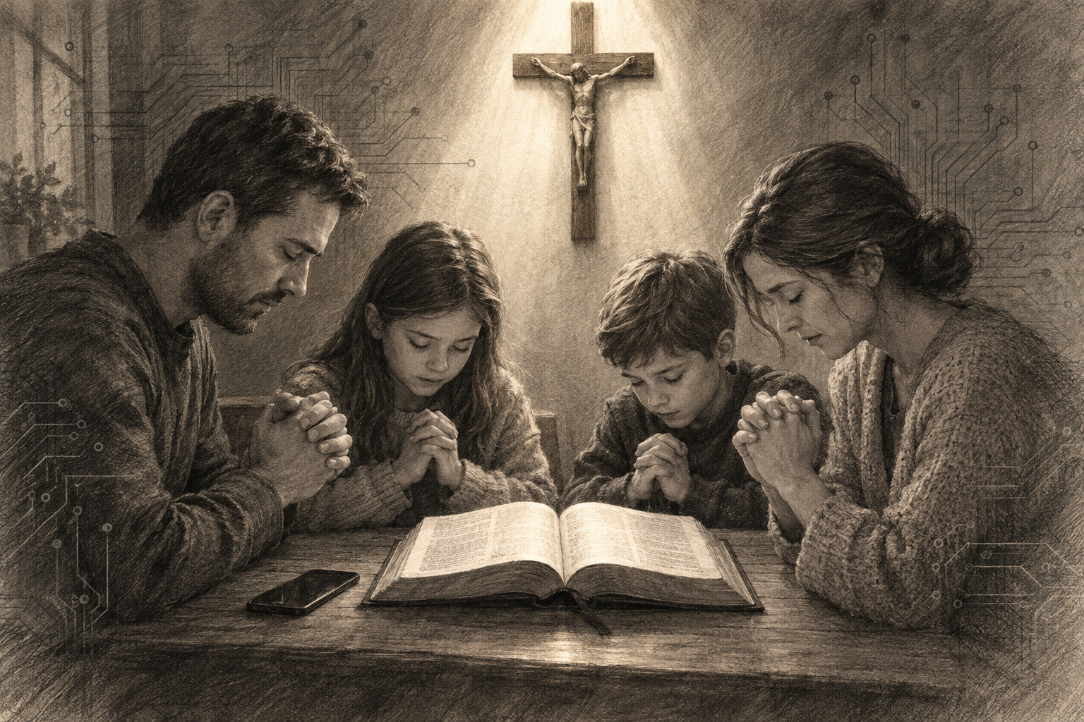 Catholic family setting aside a phone beside an open Bible under a crucifix
