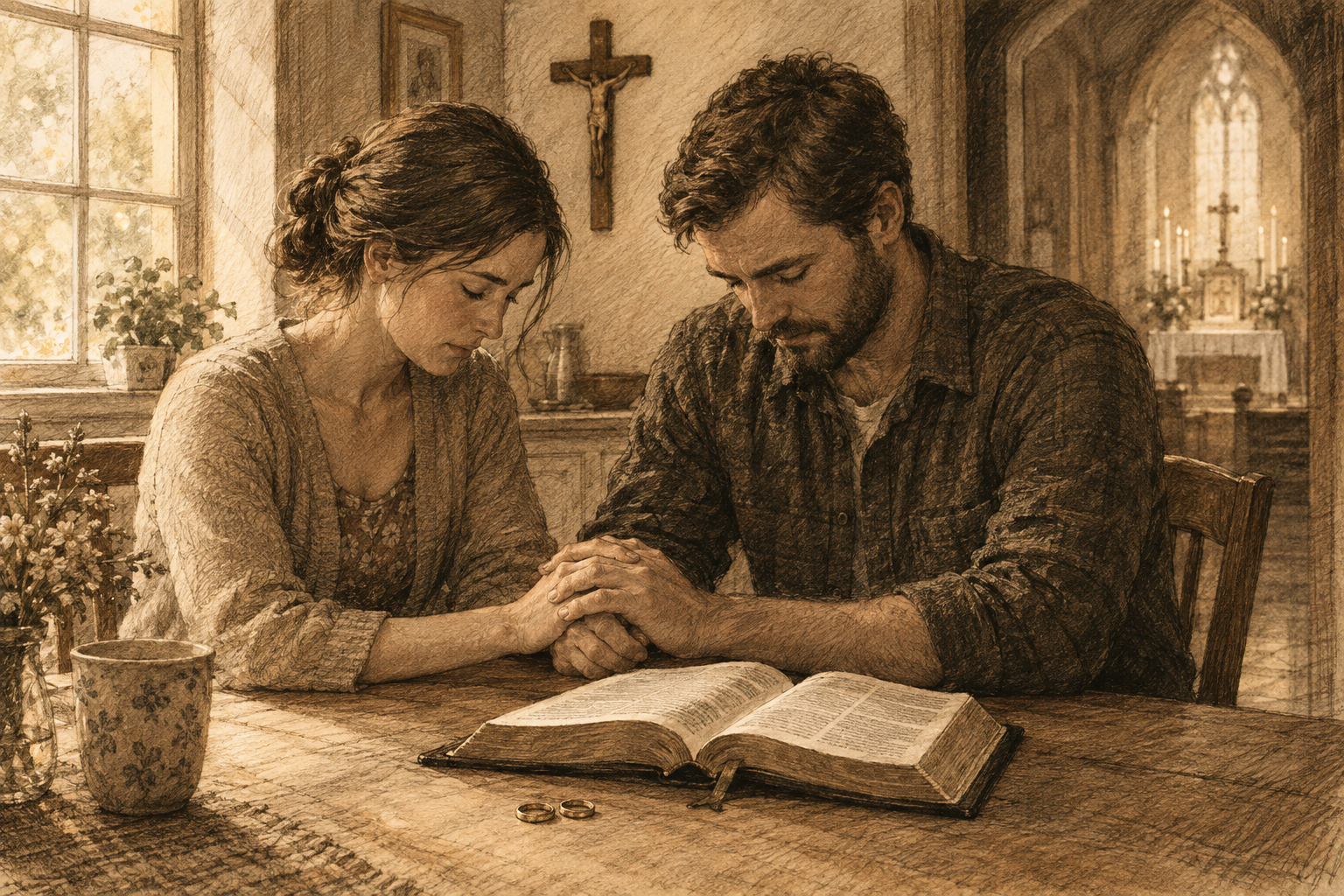 Catholic married couple praying together at a kitchen table beneath a crucifix