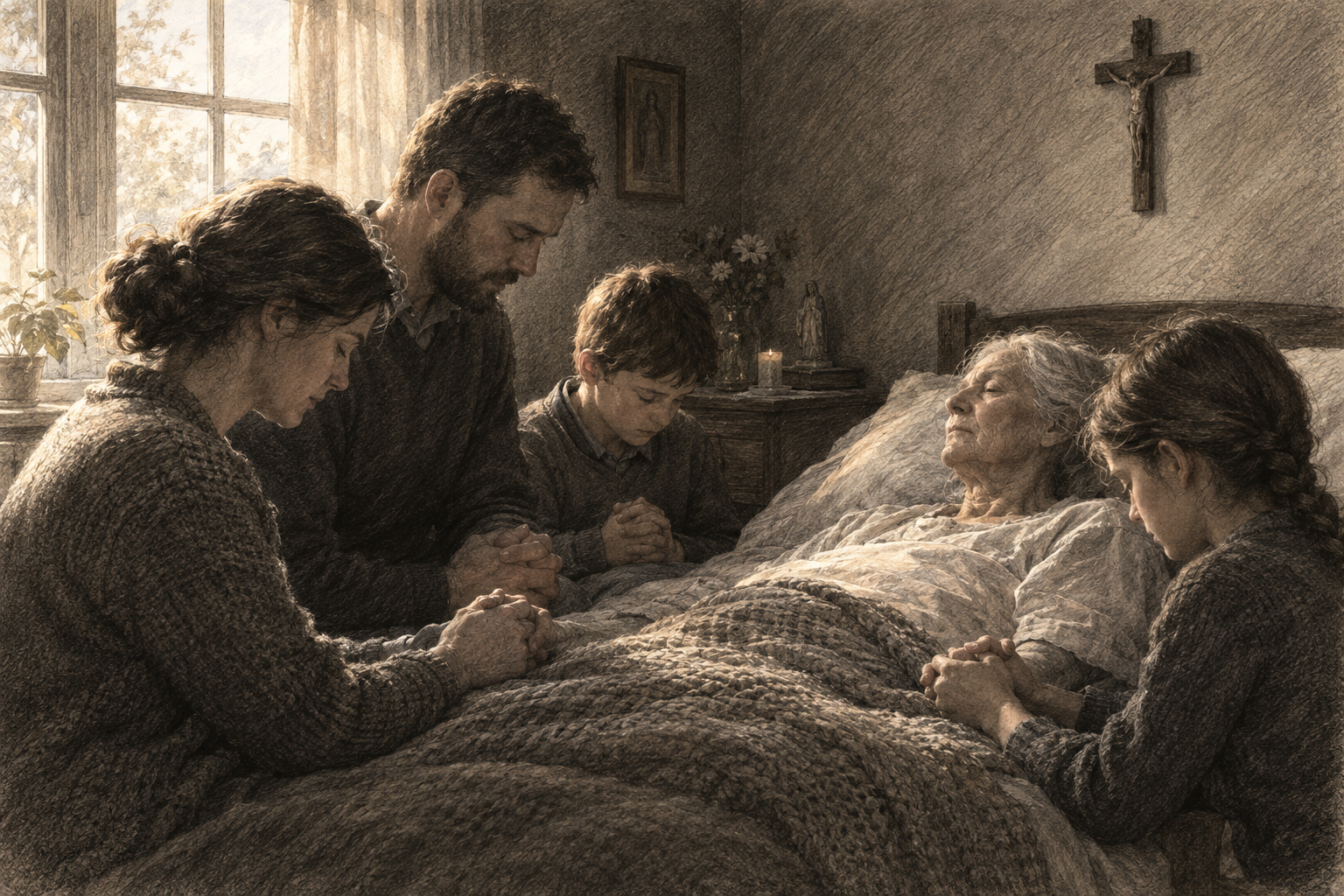 A family praying beside a suffering loved one beneath a crucifix in a reverent sketch style