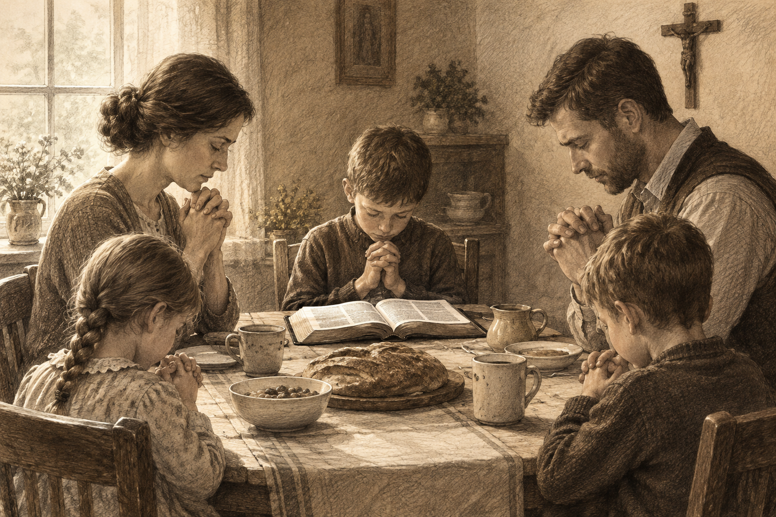 Catholic family praying together at a breakfast table beside an open Bible.