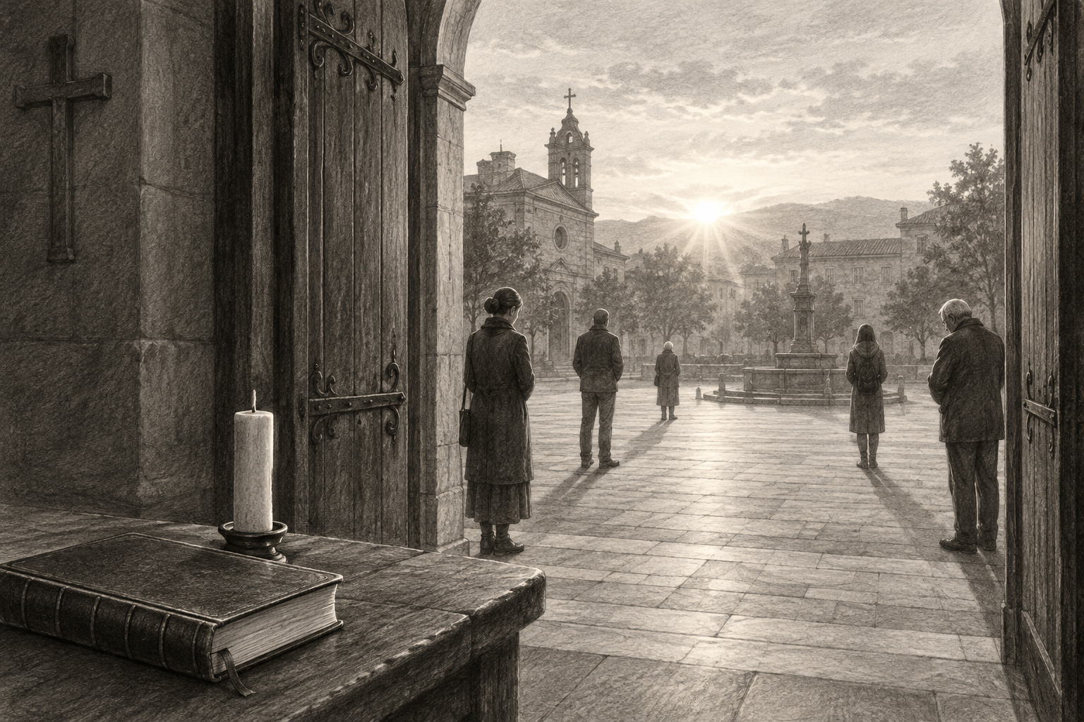 Sketch of an open church doorway casting light across a peaceful public square, symbolizing religious freedom and human dignity.