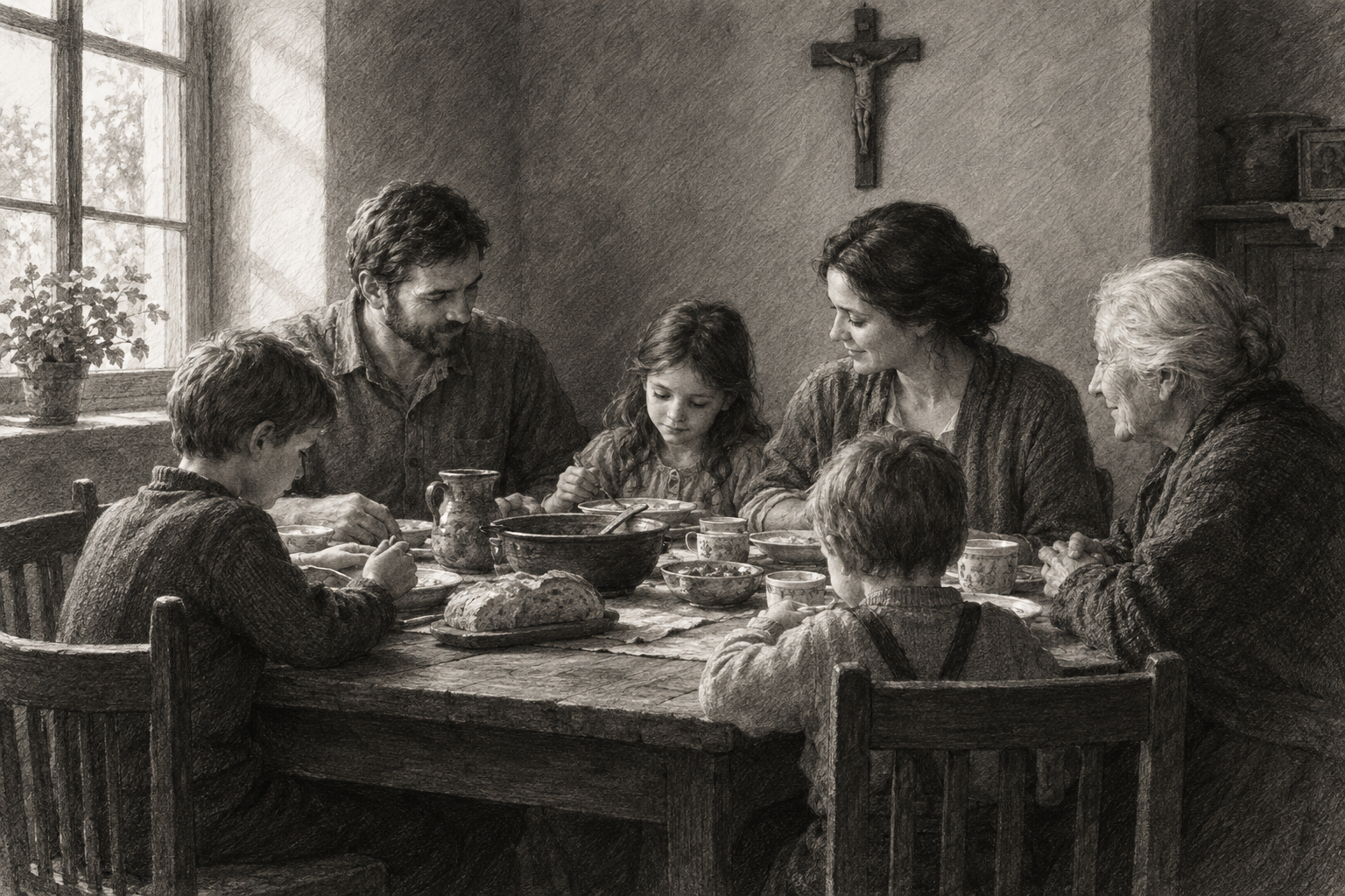 A multigenerational Catholic family sharing a meal around a table beneath a small crucifix.