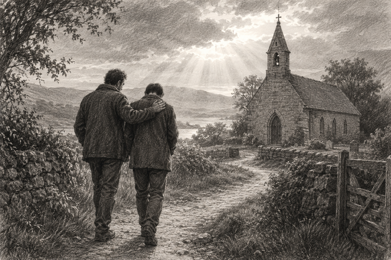 Two friends walking together toward a church in a reverent pencil sketch.