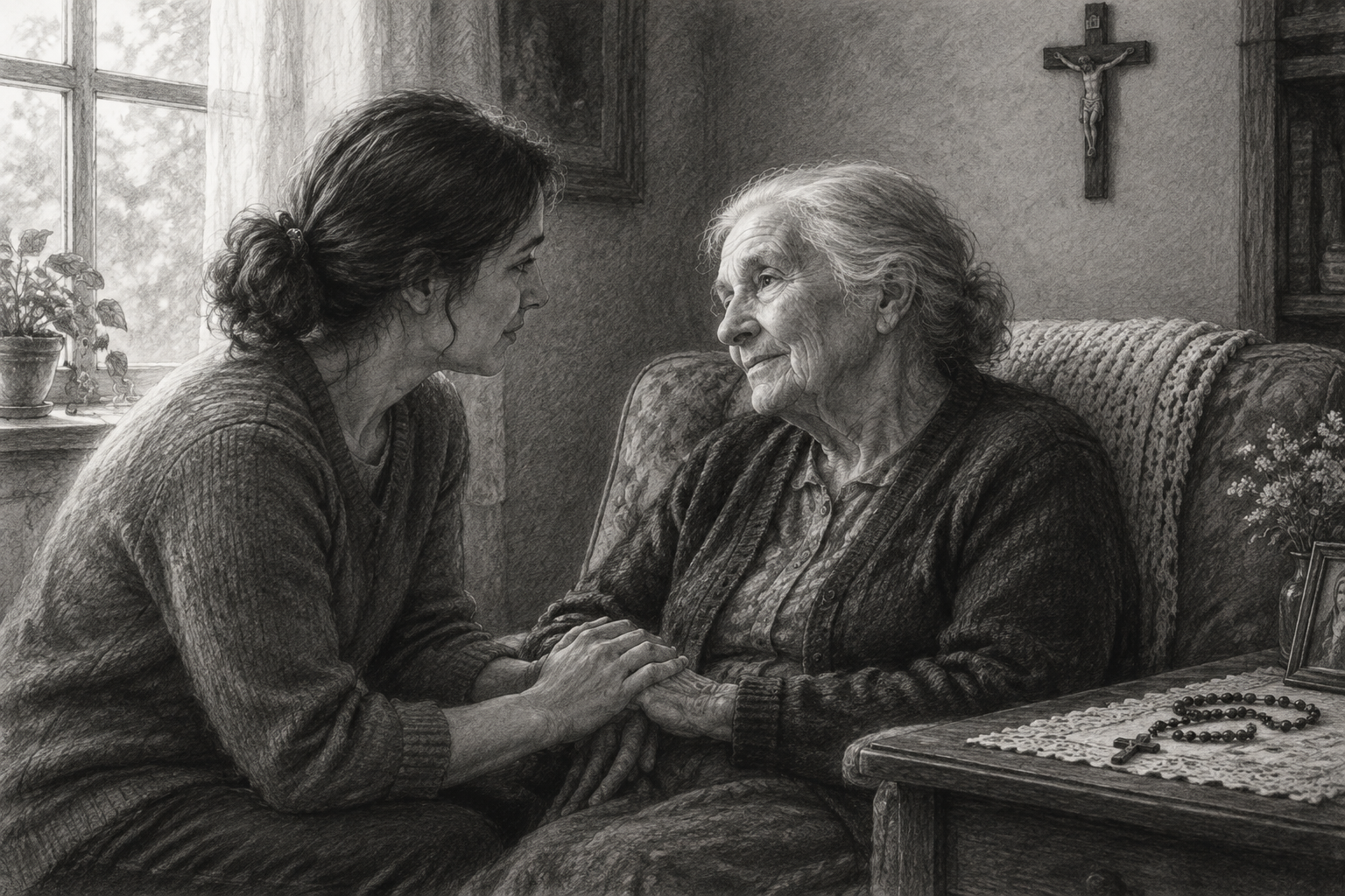 A younger caregiver holds the hand of an elderly woman beneath a small wall crucifix.