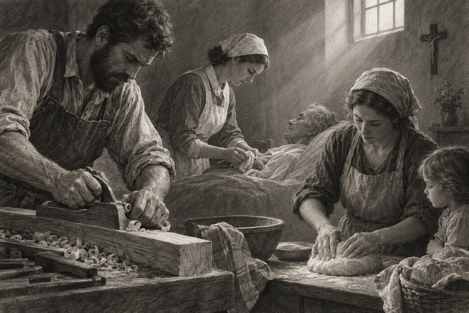 Sketch of workers serving through carpentry, nursing, and family care beneath a small crucifix