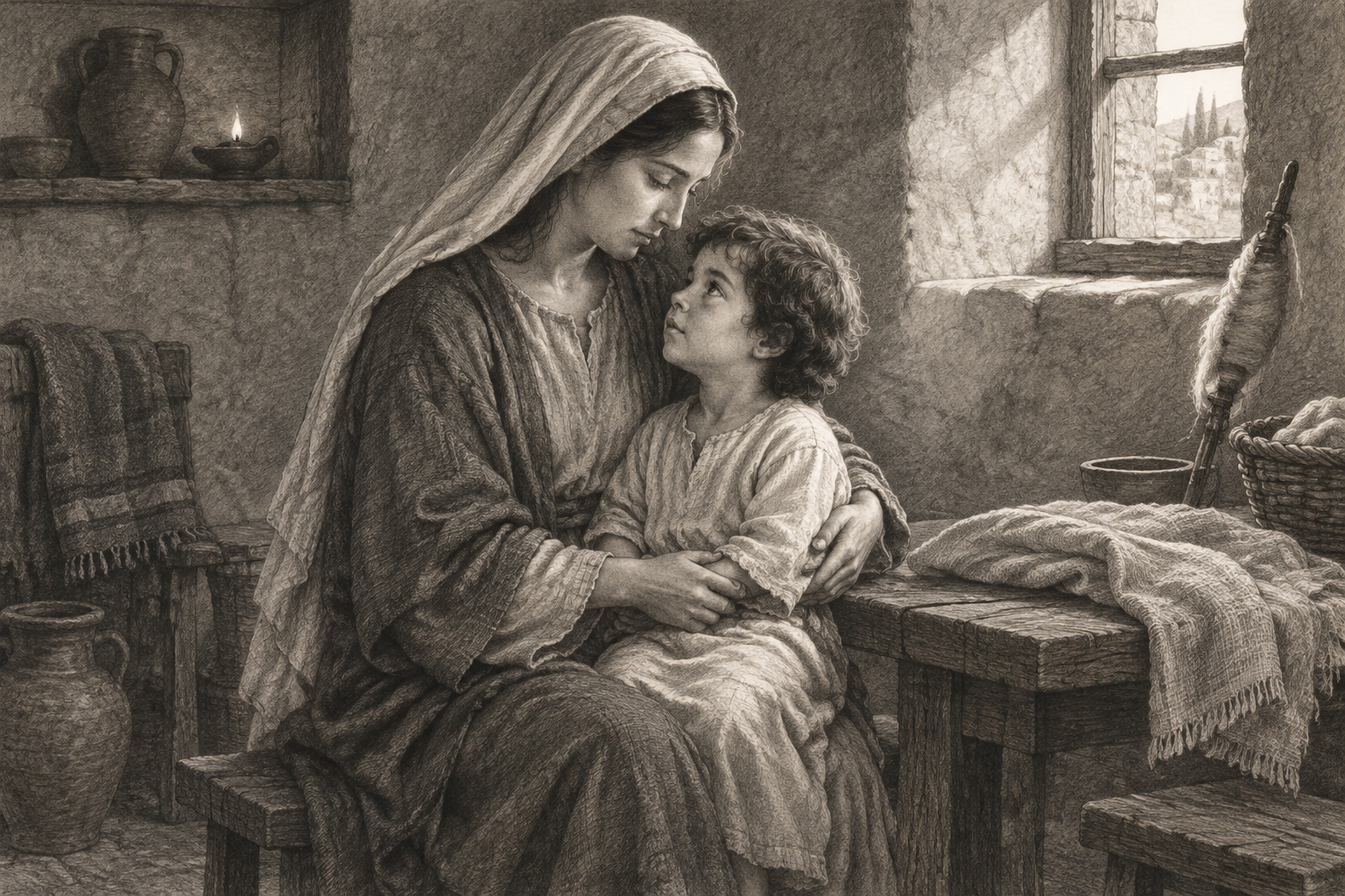 Reverent sketch of Mary holding the young Jesus in the quiet home at Nazareth.