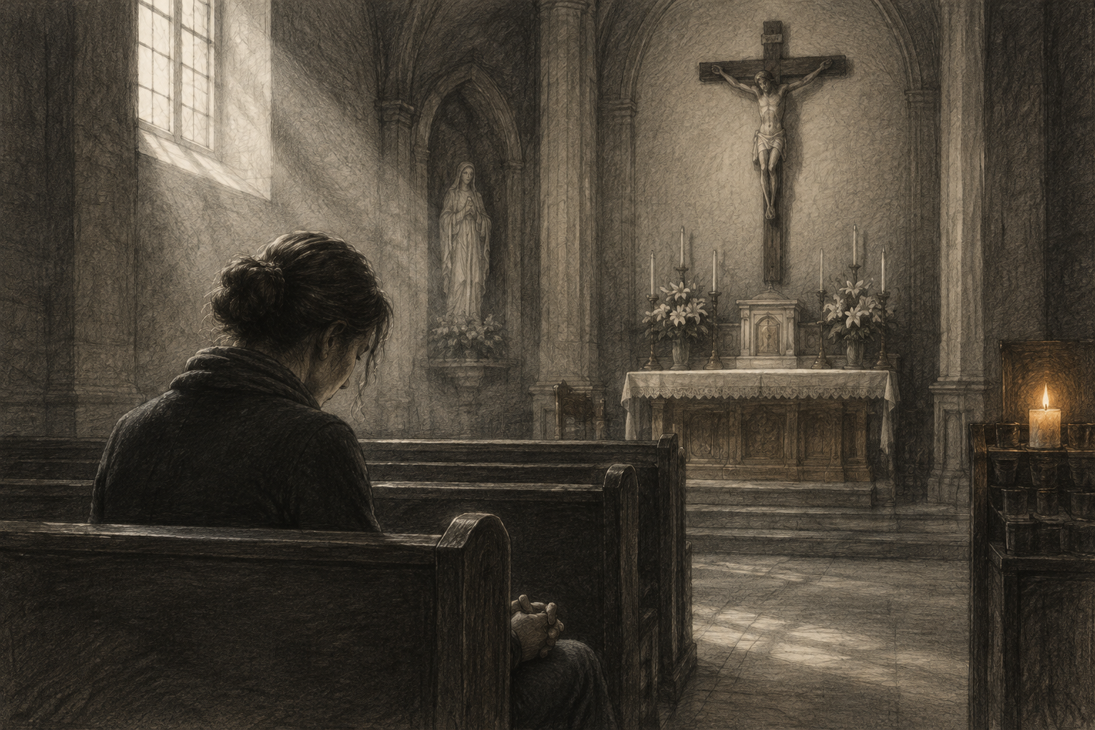 A grieving person praying quietly in a Catholic church beneath a crucifix and beside a glowing candle.