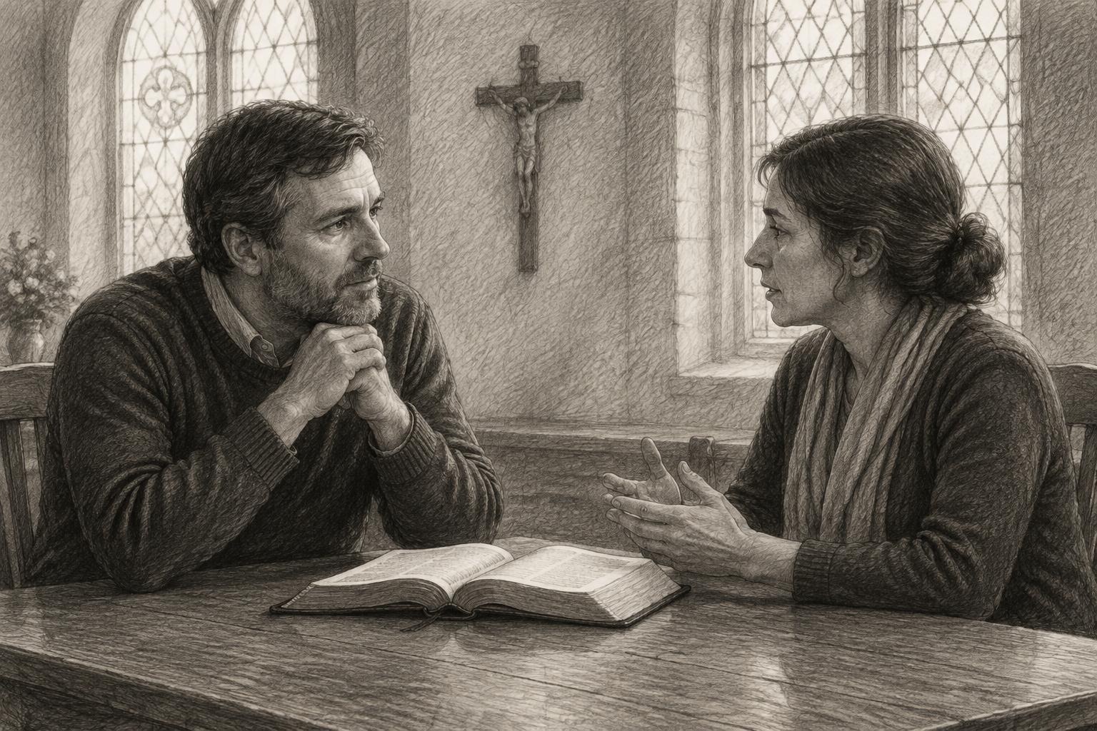 Two people speaking respectfully across a table with an open Bible and crucifix nearby