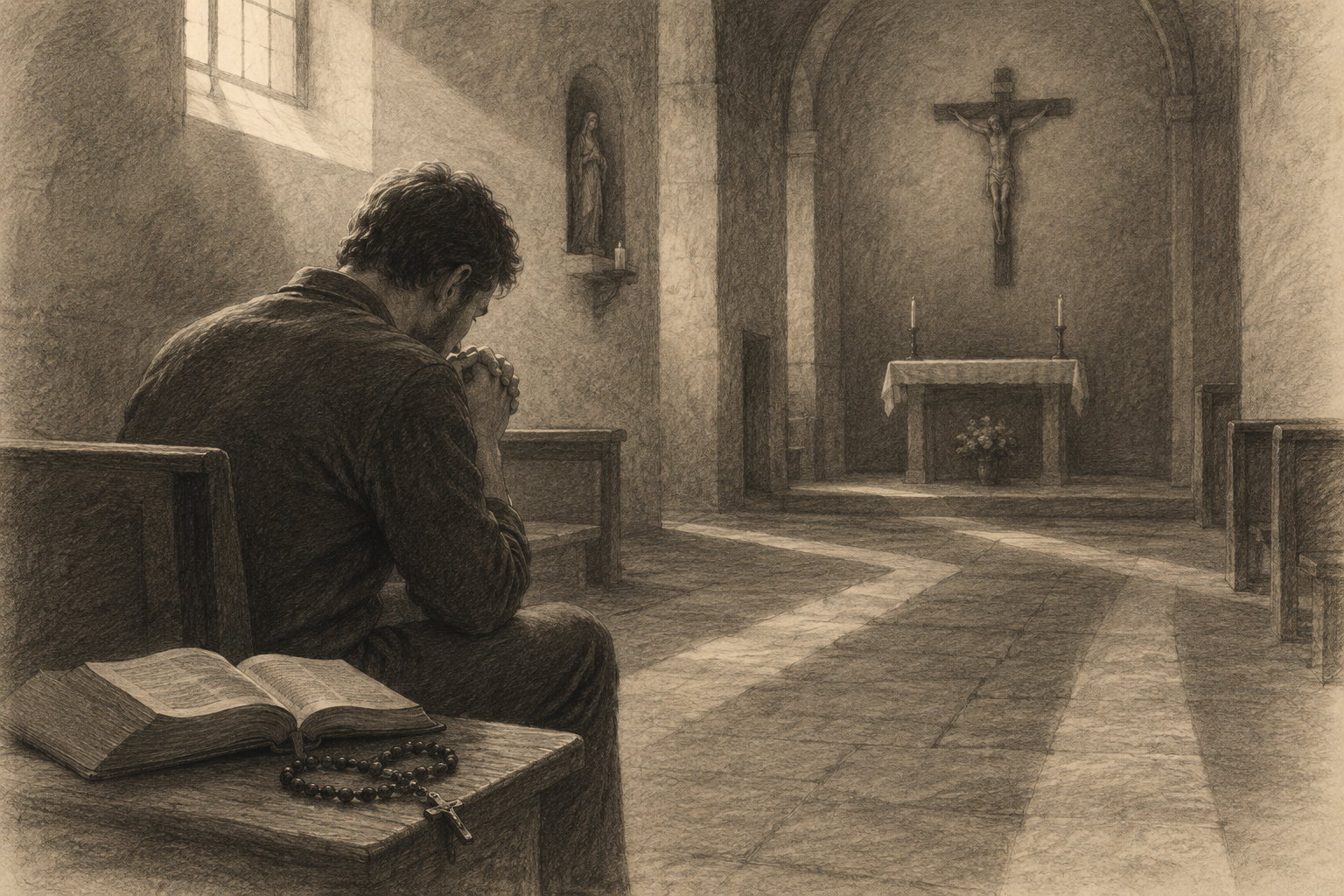 A Catholic praying in a quiet chapel while discerning a vocation