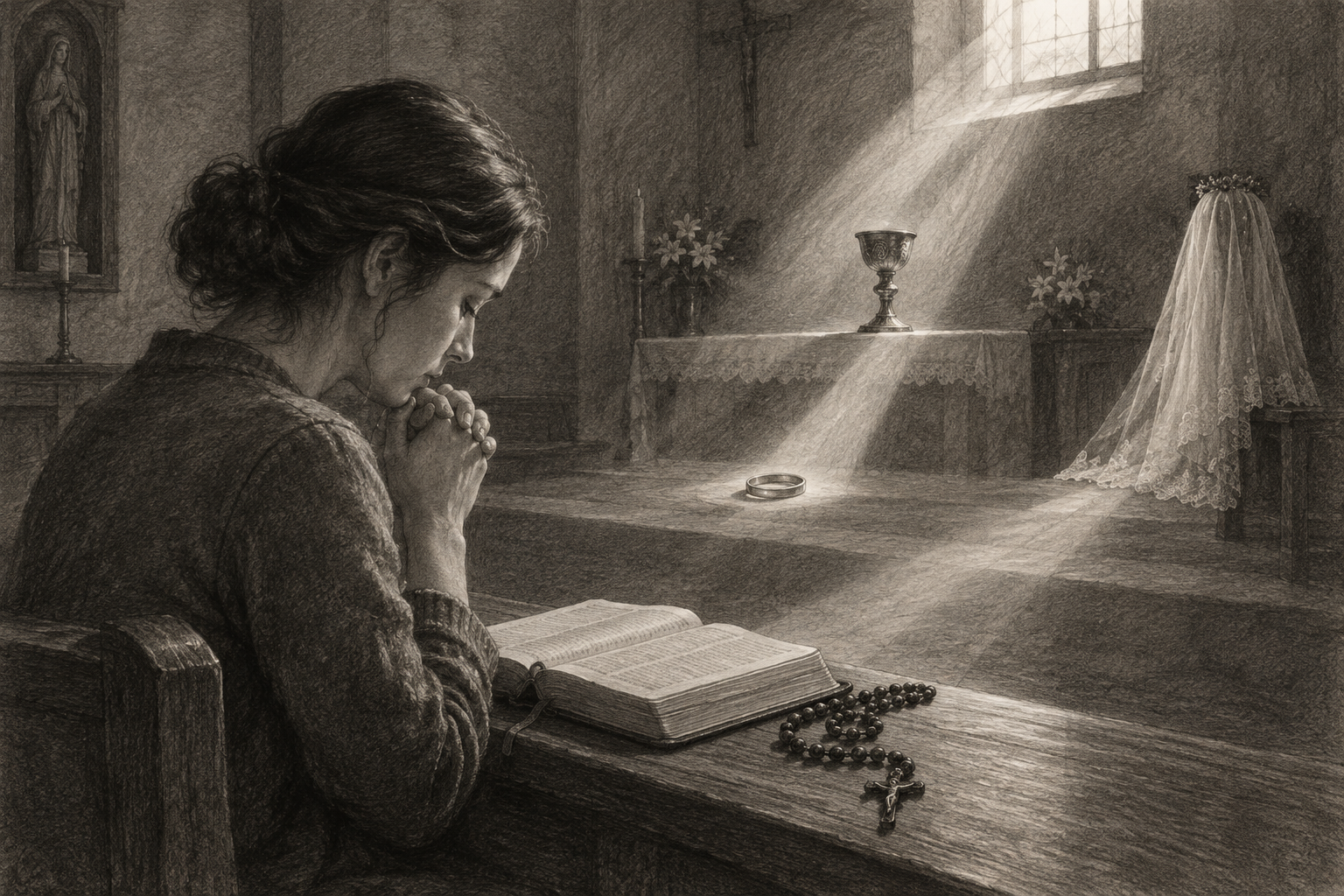 A prayerful Catholic discerning a vocation in a softly lit chapel