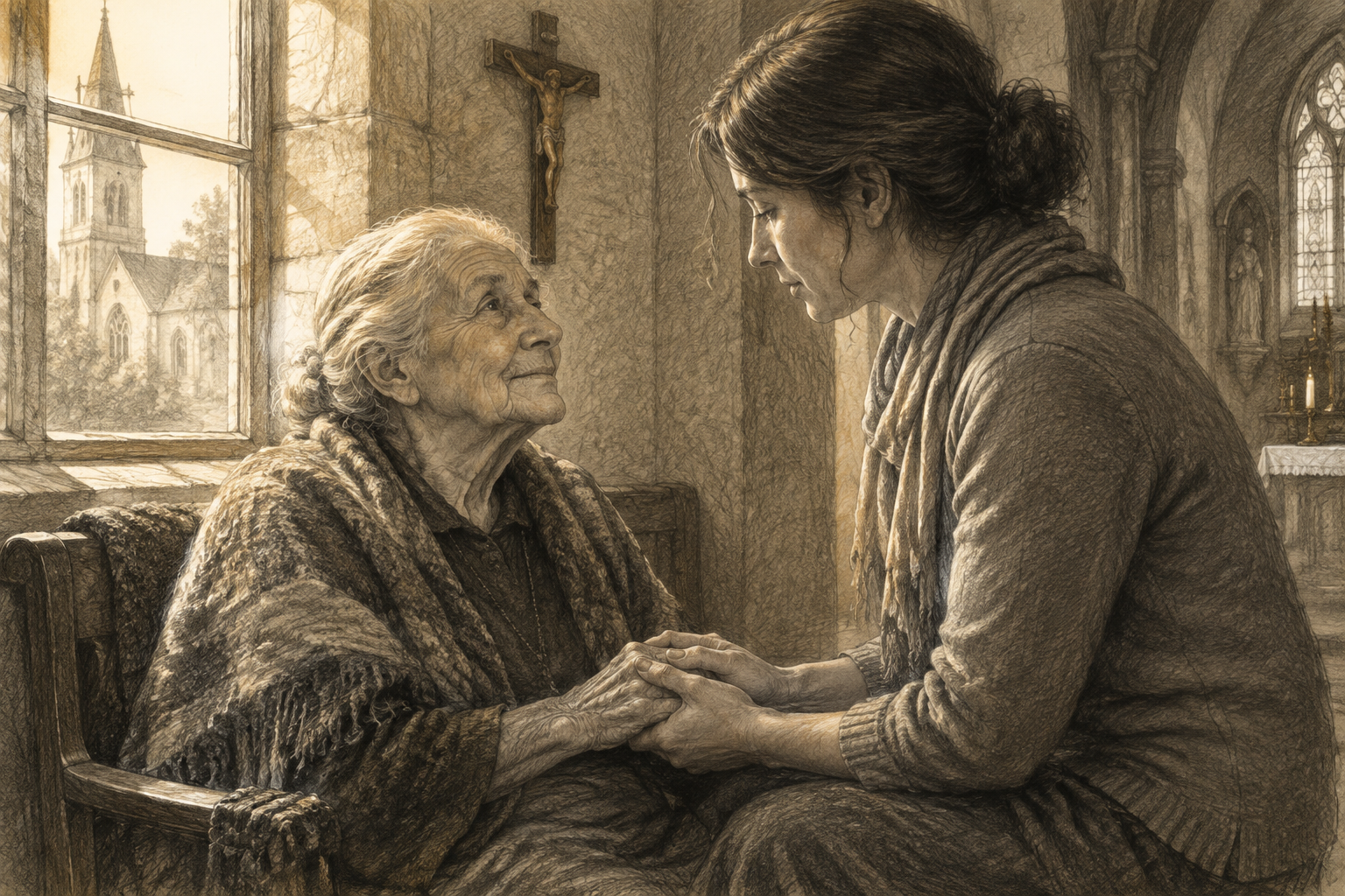 A younger adult holds the hand of an elderly woman beneath a crucifix in a reverent sketch.