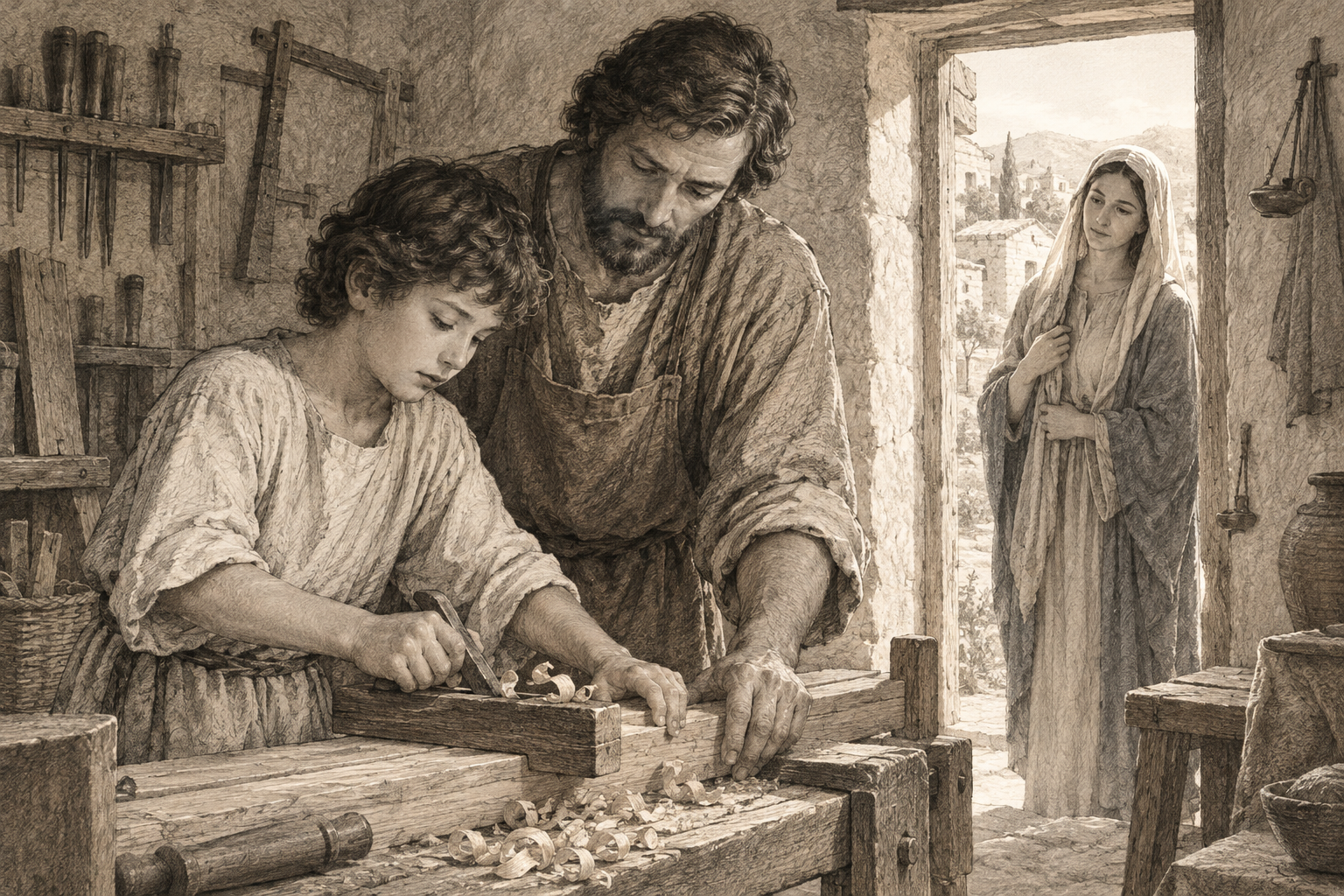 St. Joseph gently teaching the young Jesus to work in a quiet Nazareth workshop.