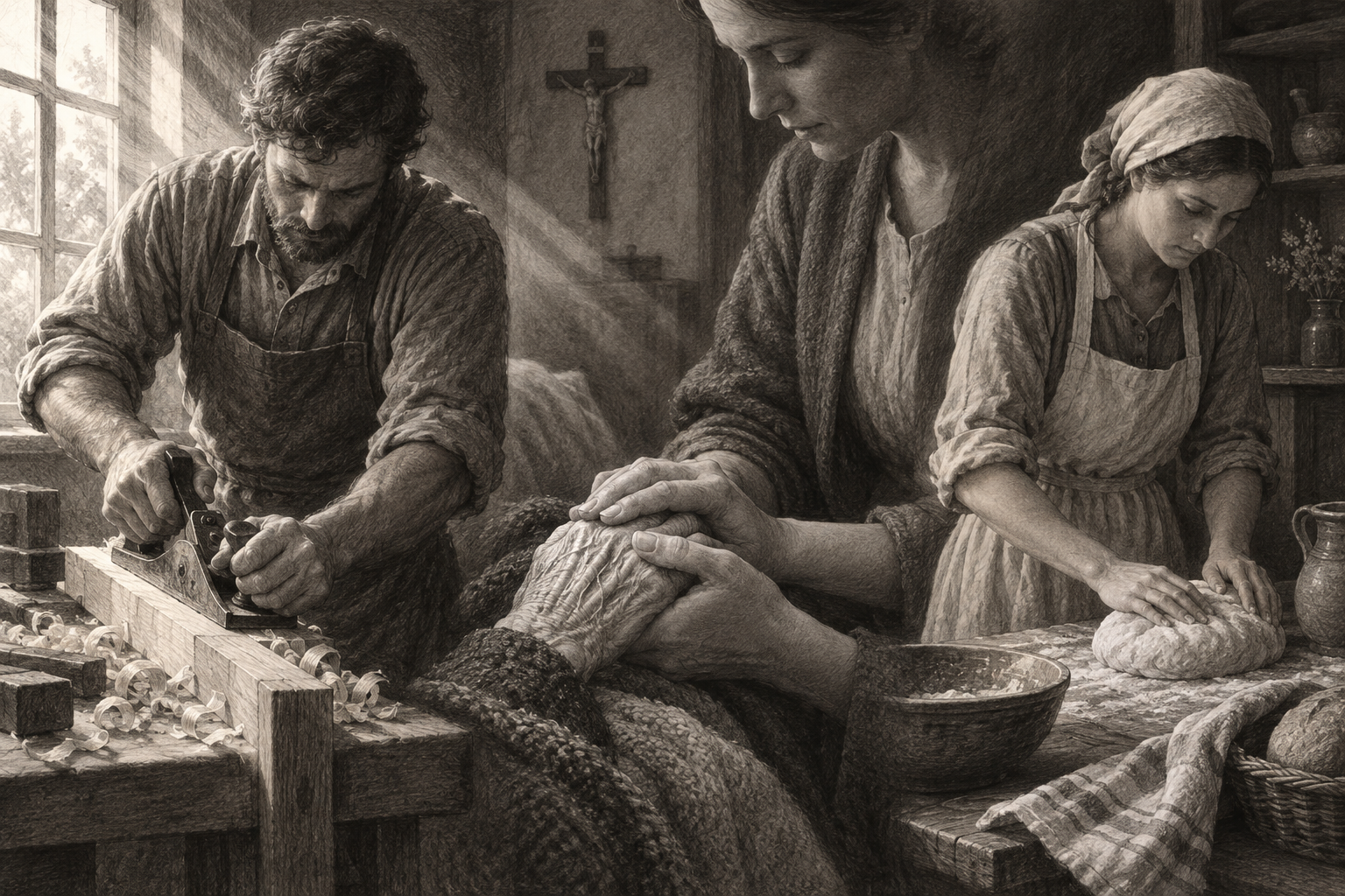 Sketch of hands engaged in carpentry, caregiving, and household work beneath a small crucifix.