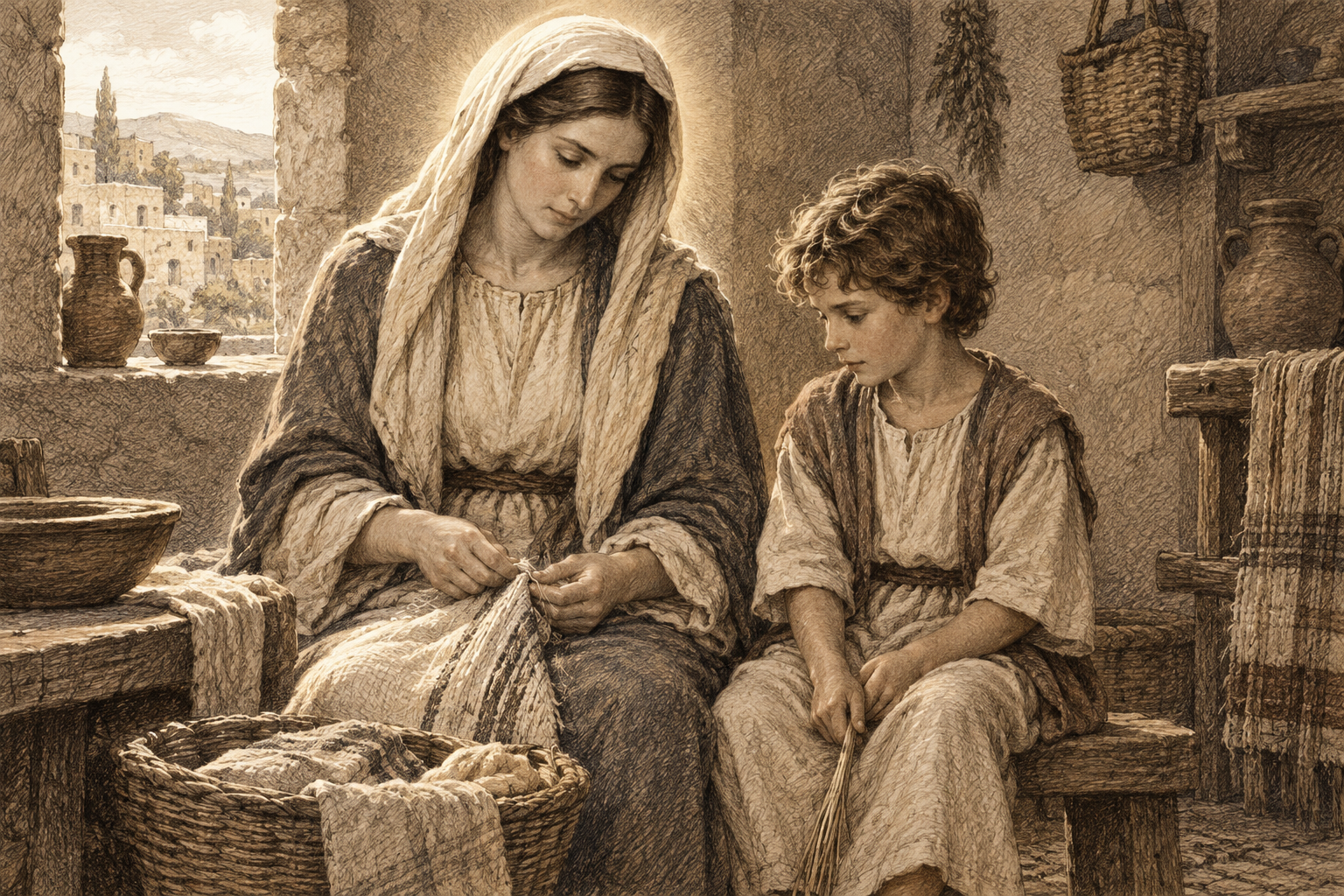 Reverent sketch of Mary caring for the young Jesus in the quiet home at Nazareth.